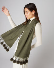 Load image into Gallery viewer, N.Peal Women&#39;s Fur Bobble Woven Cashmere Scarf Moss Green
