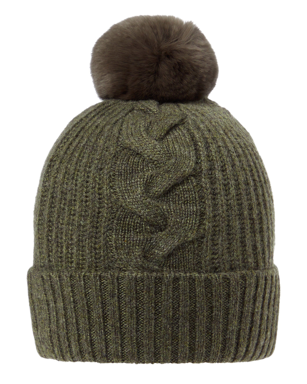 N.Peal Women's Fur Bobble Cable Hat Moss Green