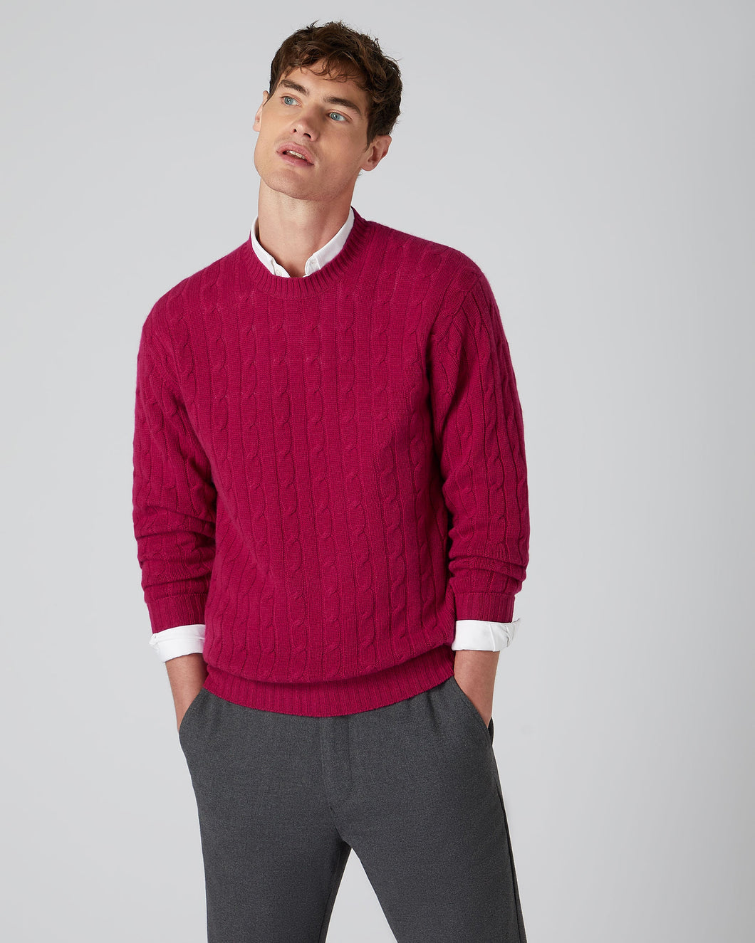 N.Peal Men's The Thames Cable Cashmere Jumper Raspberry Pink