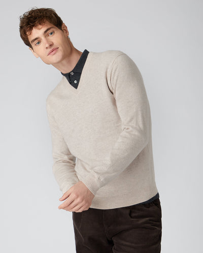 N.Peal Men's The Burlington V Neck Cashmere Jumper Heather Beige Brown