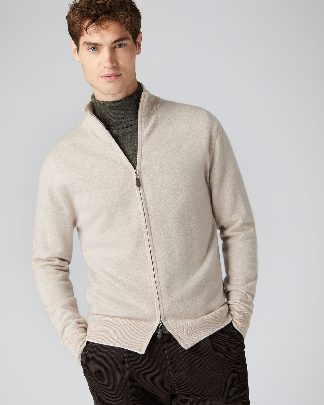N.Peal Men's The Knightsbridge Zip Cashmere Jumper Heather Beige Brown