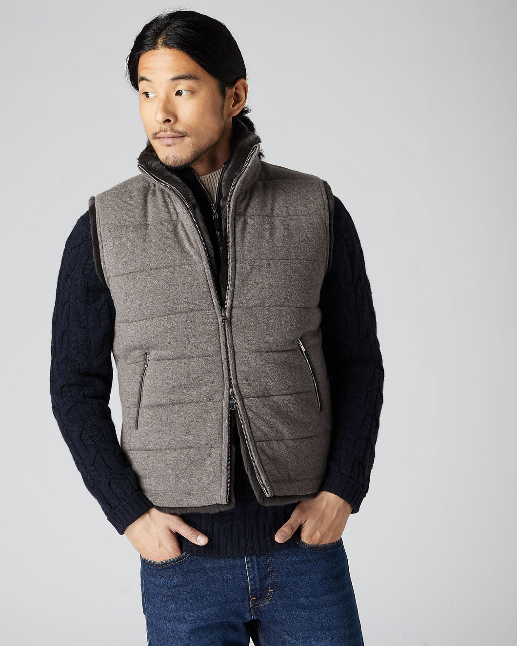 N.Peal Men's Fur Lined Gilet Taupe Brown