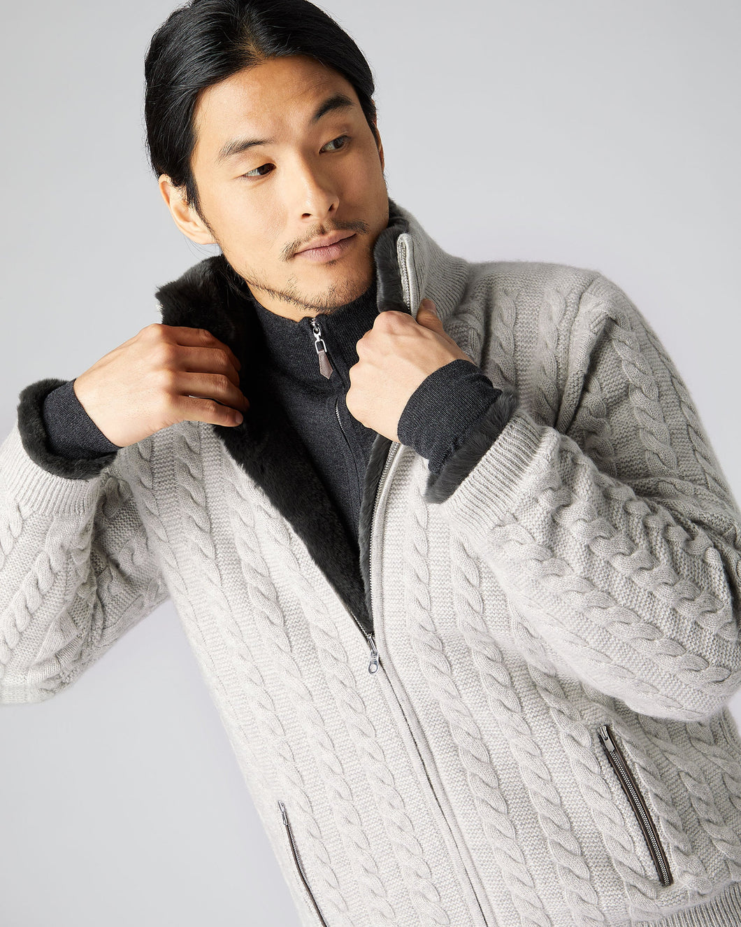 N.Peal Men's Fur Lined Cable Cardigan Fumo Grey
