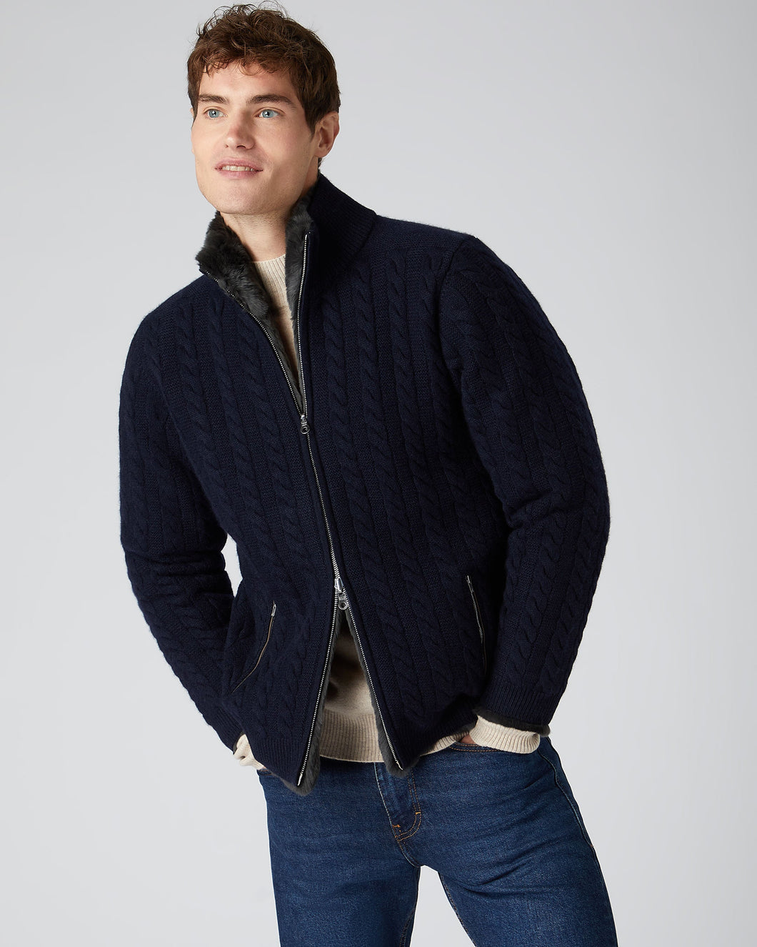 N.Peal Men's Fur Lined Cable Cardigan Navy Blue