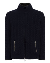 Load image into Gallery viewer, N.Peal Men&#39;s Fur Lined Cable Cardigan Navy Blue
