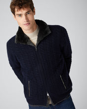 Load image into Gallery viewer, N.Peal Men&#39;s Fur Lined Cable Cardigan Navy Blue
