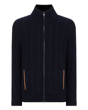 Load image into Gallery viewer, N.Peal Men&#39;s Fur Collar Cable Cashmere Cardigan Navy Blue
