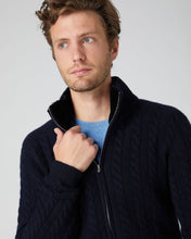 Load image into Gallery viewer, N.Peal Men&#39;s Fur Collar Cable Cashmere Cardigan Navy Blue
