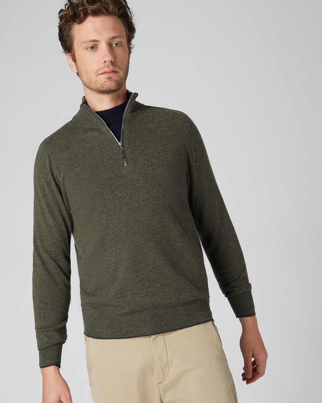 N.Peal Men's The Carnaby Half Zip Cashmere Jumper Moss Green