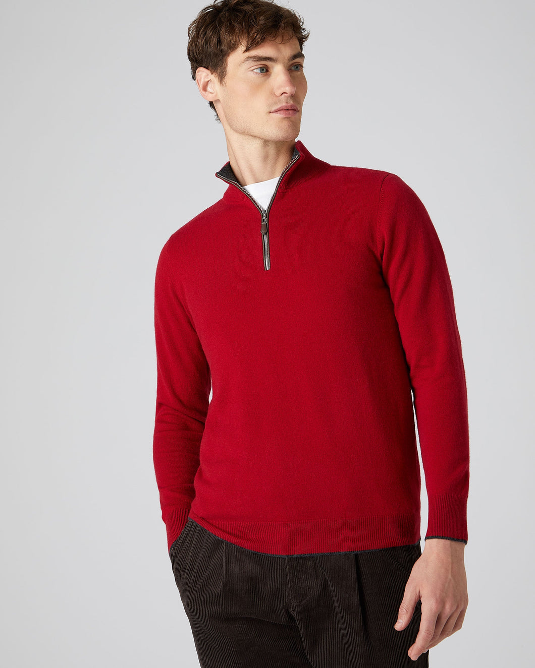 N.Peal Men's The Carnaby Half Zip Cashmere Jumper Ruby Red