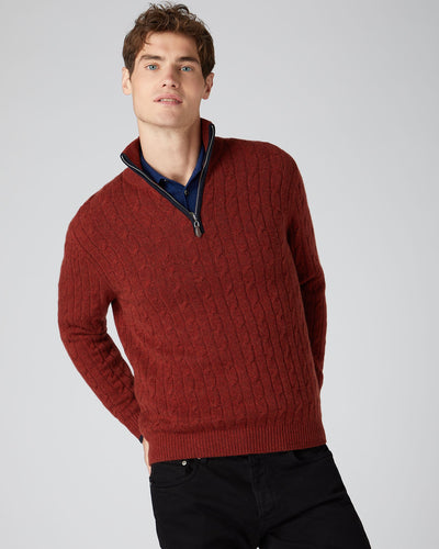 N.Peal Men's Cable Half Zip Cashmere Jumper Copper Orange