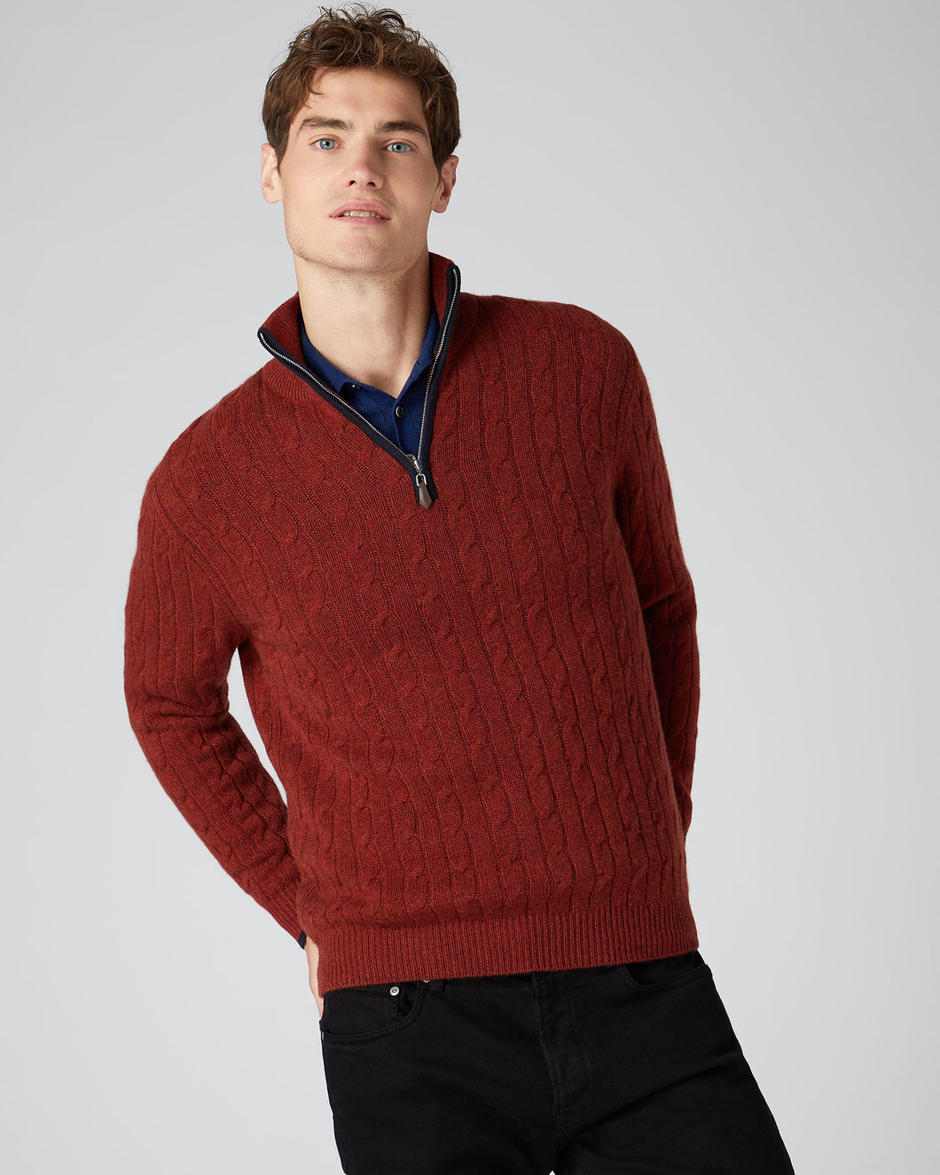 N.Peal Men's Cable Half Zip Cashmere Jumper Copper Orange