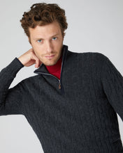 Load image into Gallery viewer, N.Peal Men&#39;s Cable Half Zip Cashmere Jumper Dark Charcoal Grey
