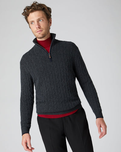 N.Peal Men's Cable Half Zip Cashmere Jumper Dark Charcoal Grey