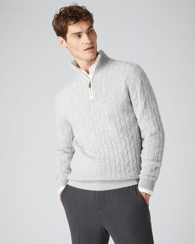 N.Peal Men's Cable Half Zip Cashmere Jumper Fumo Grey