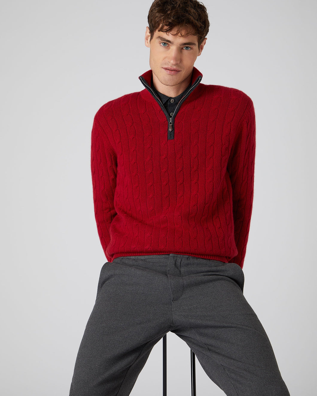 N.Peal Men's Cable Half Zip Cashmere Jumper Ruby Red