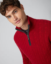Load image into Gallery viewer, N.Peal Men&#39;s Cable Half Zip Cashmere Jumper Ruby Red

