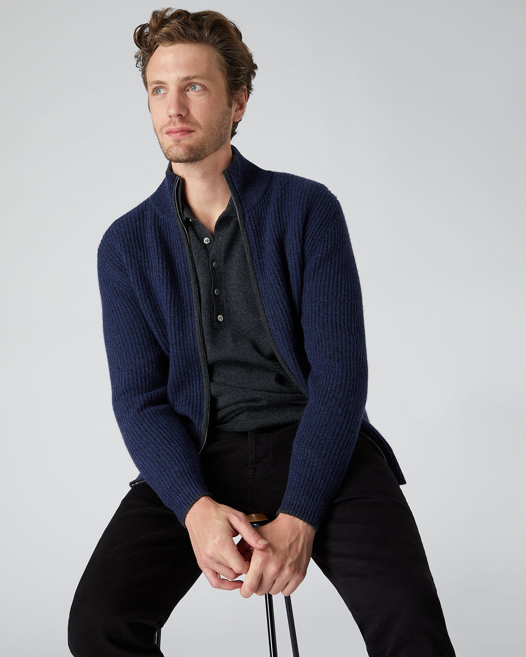 N.Peal Men's Ribbed Zip Through Cashmere Cardigan Imperial Blue