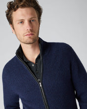 Load image into Gallery viewer, N.Peal Men&#39;s Ribbed Zip Through Cashmere Cardigan Imperial Blue

