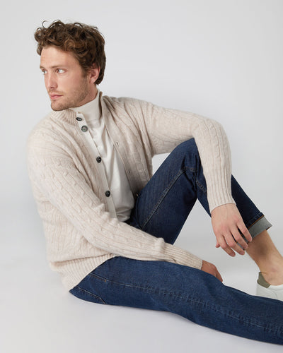 N.Peal Men's Cable Button Cashmere Cardigan Heather Beige Brown