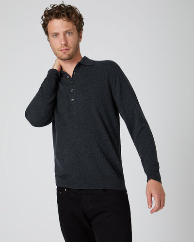 N.Peal Men's Cashmere Button Polo Shirt Dark Charcoal Grey