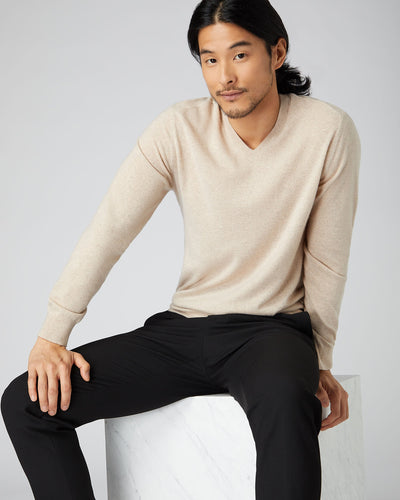 N.Peal Men's Baby Cashmere V Neck Jumper Oatmeal Brown