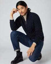 Load image into Gallery viewer, N.Peal Men&#39;s Textured Cable Half Zip Cashmere Jumper Navy Blue
