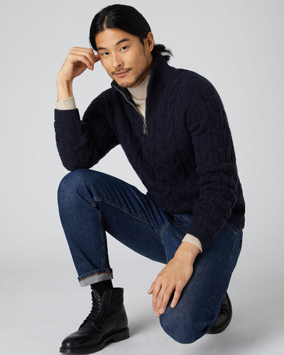 N.Peal Men's Textured Cable Half Zip Cashmere Jumper Navy Blue