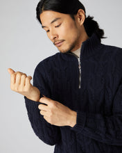 Load image into Gallery viewer, N.Peal Men&#39;s Textured Cable Half Zip Cashmere Jumper Navy Blue
