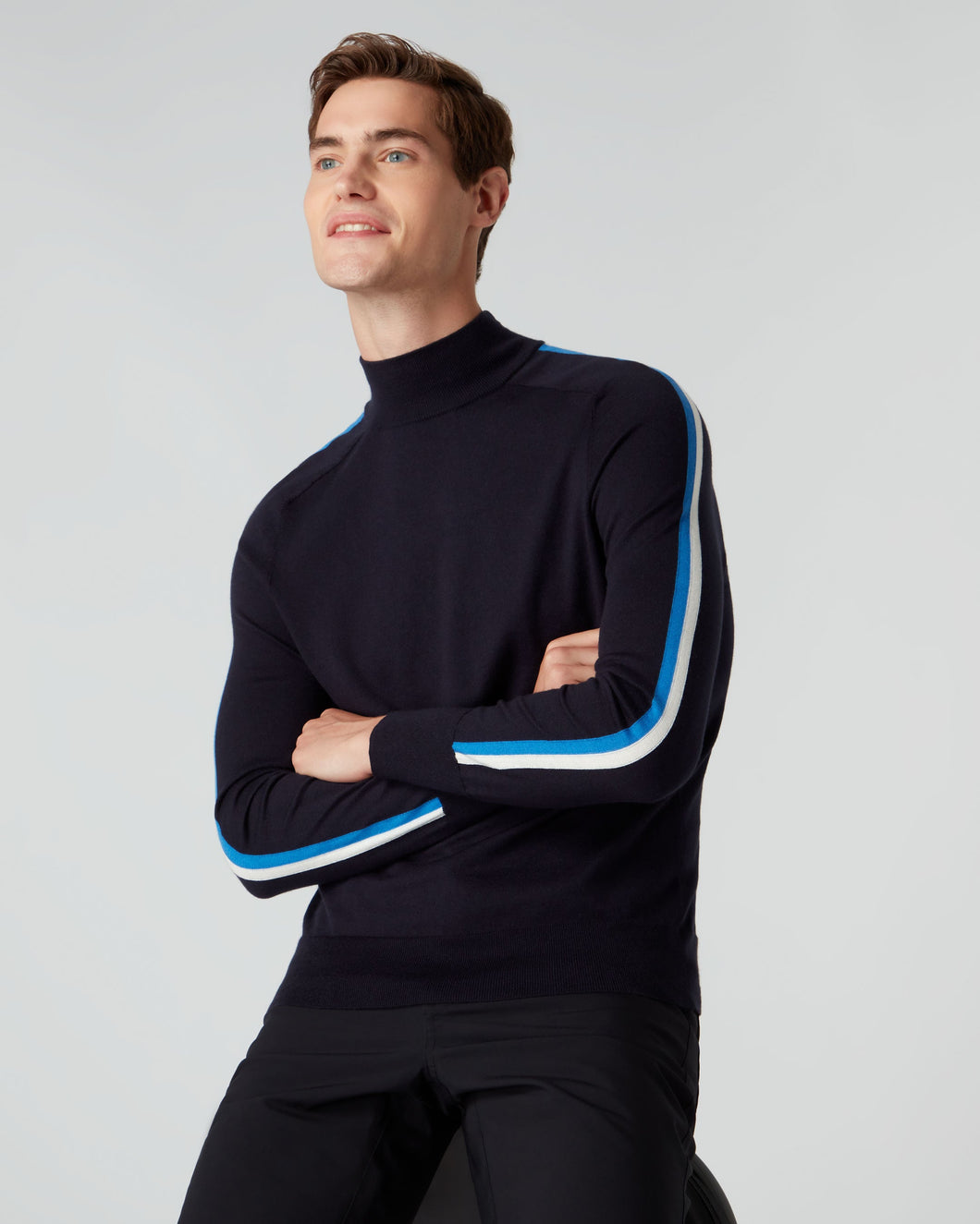 N.Peal Men's Cotton/Cashmere Stripe Jumper Navy Blue