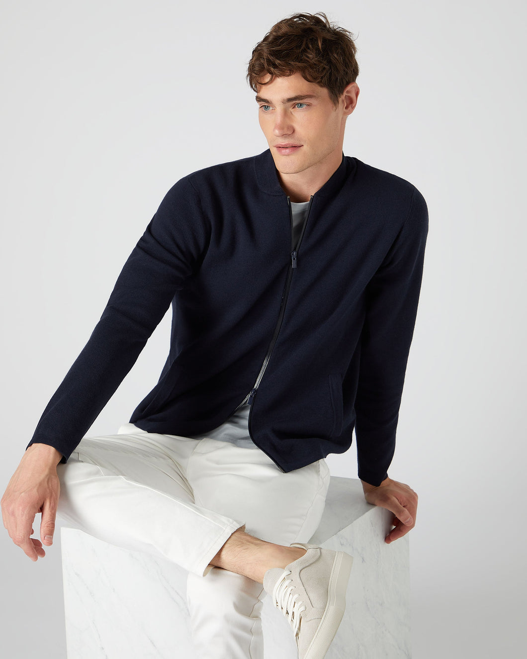 N.Peal Men's Milano Bomber Jacket Navy Blue