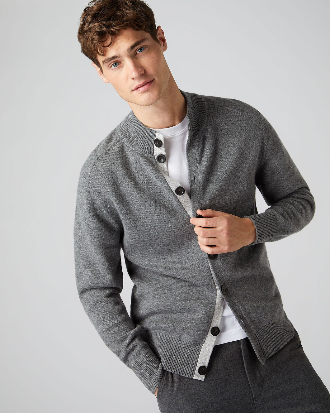 N.Peal Men's Full Button Cashmere Jumper Elephant Grey