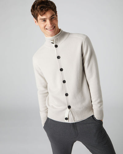 N.Peal Men's Full Button Cashmere Jumper Snow Grey