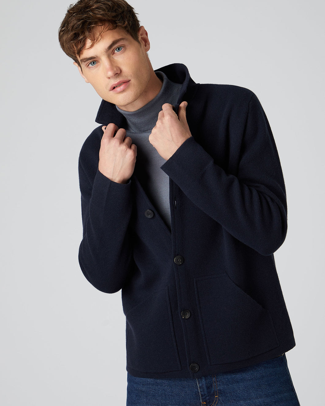 N.Peal Men's Collared Milano Cashmere Jacket Navy Blue