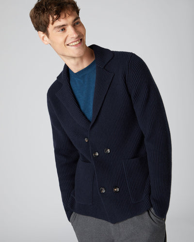 N.Peal Men's Double Breasted Ribbed Cashmere Cardigan Navy Blue