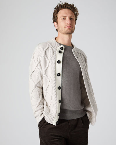 N.Peal Men's Cable Button Through Cashmere Cardigan Snow Grey