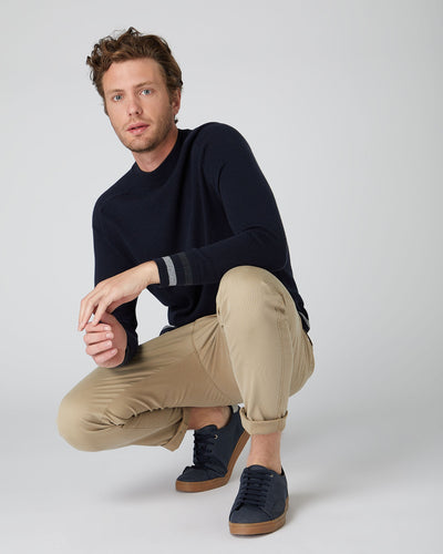 N.Peal Men's Stripe Rib Round Neck Jumper Navy Blue