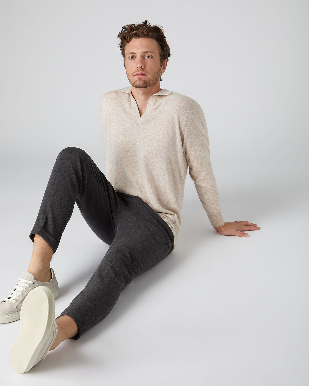 N.Peal Men's Cashmere Polo Jumper Heather Beige Brown