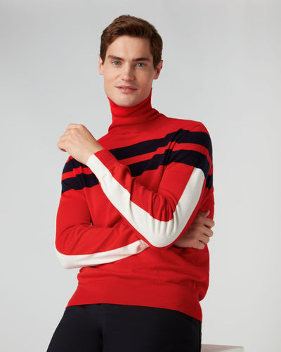 N.Peal Men's Roll Neck Stripe Jumper Red