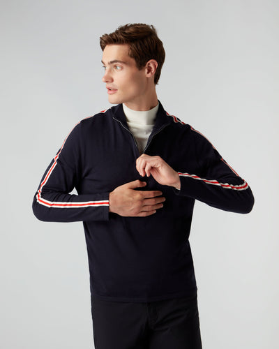 N.Peal Men's Stripe Half Zip Jumper Navy Blue