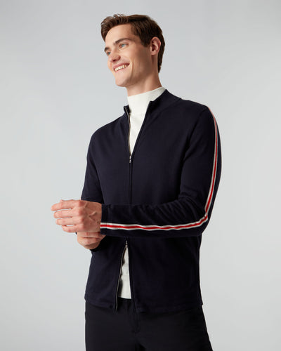 N.Peal Men's Stripe Full Zip Jumper Navy Blue
