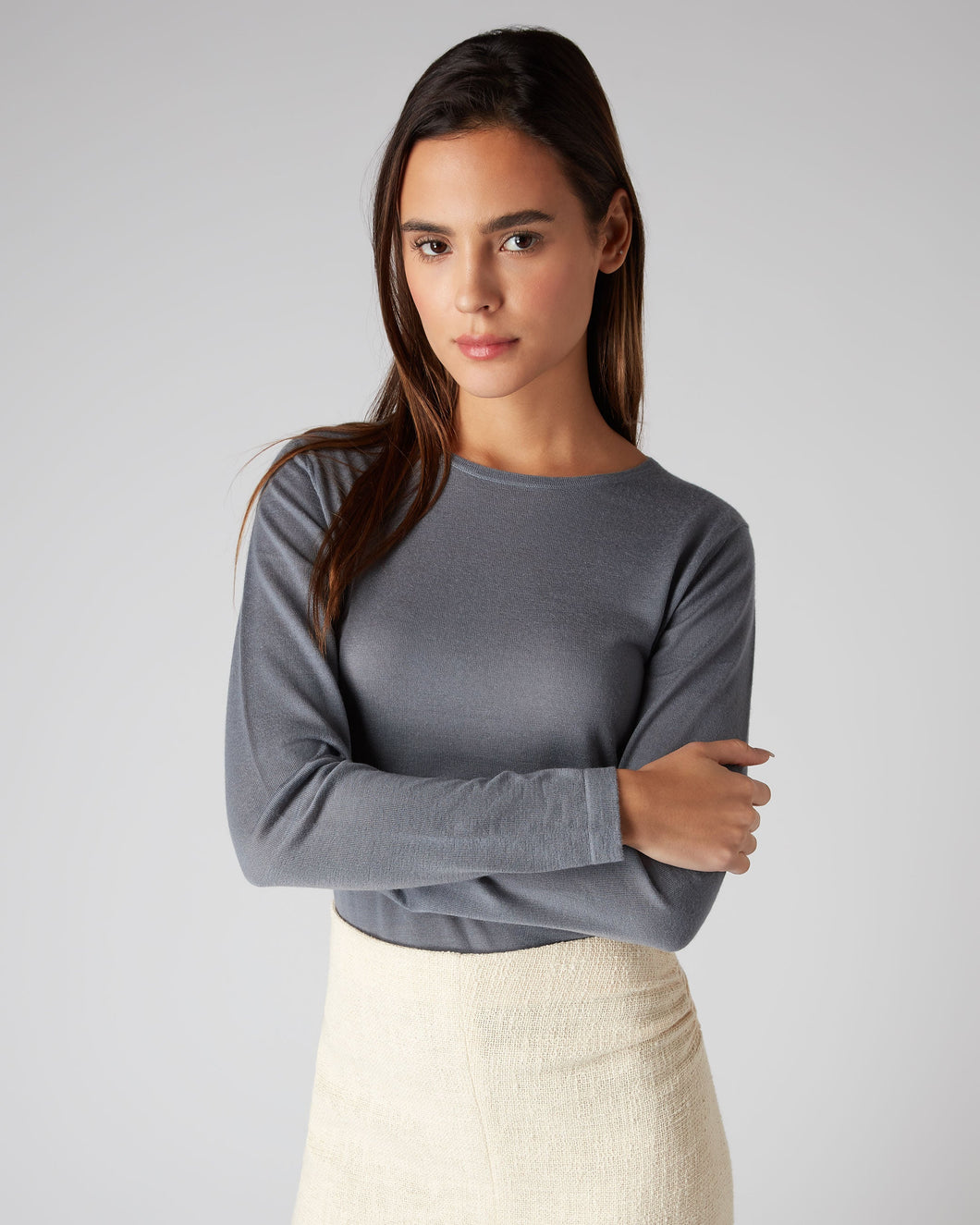 N.Peal Women's Superfine Long Sleeve Cashmere Top Steel Grey