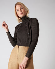 Load image into Gallery viewer, N.Peal Women&#39;s Superfine Cropped Cashmere Cardigan With Lurex Copper Brown Sparkle
