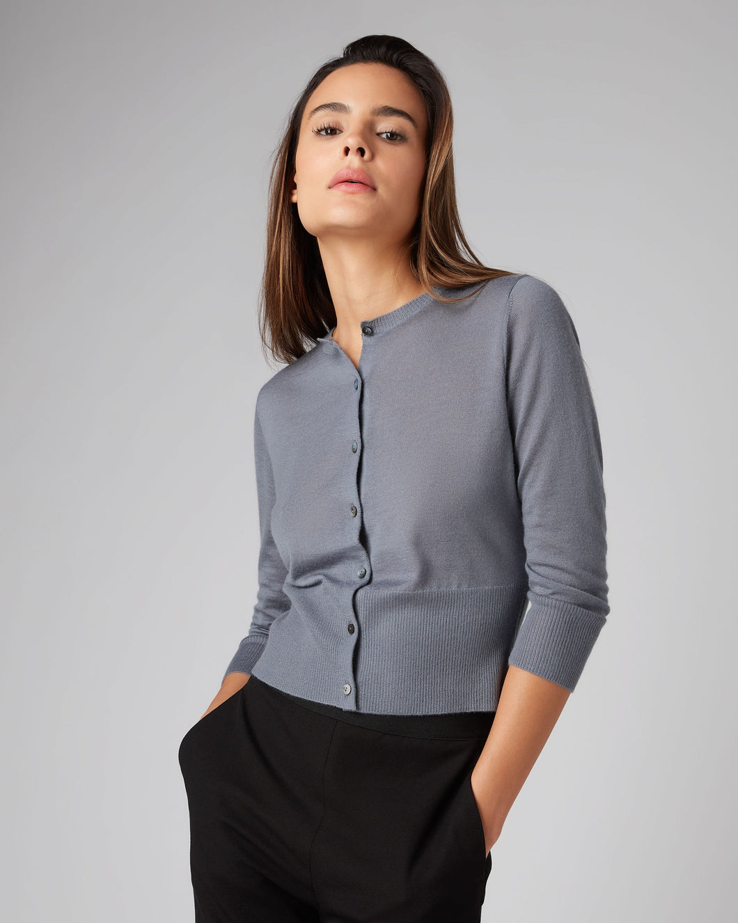 N.Peal Women's Superfine Cropped Cashmere Cardigan Steel Grey