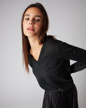 Load image into Gallery viewer, N.Peal Women&#39;s V Neck Cashmere Jumper With Lurex Black Sparkle
