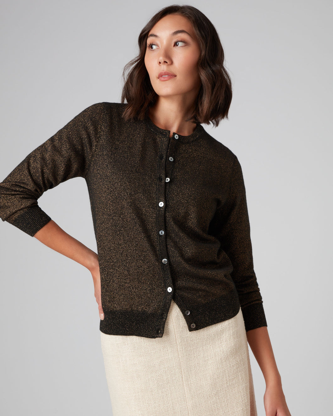 N.Peal Women's Round Neck Cashmere Cardigan With Lurex Copper Brown Sparkle