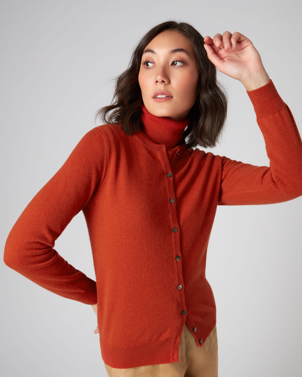 N.Peal Women's Round Neck Cashmere Cardigan Dark Amber Orange