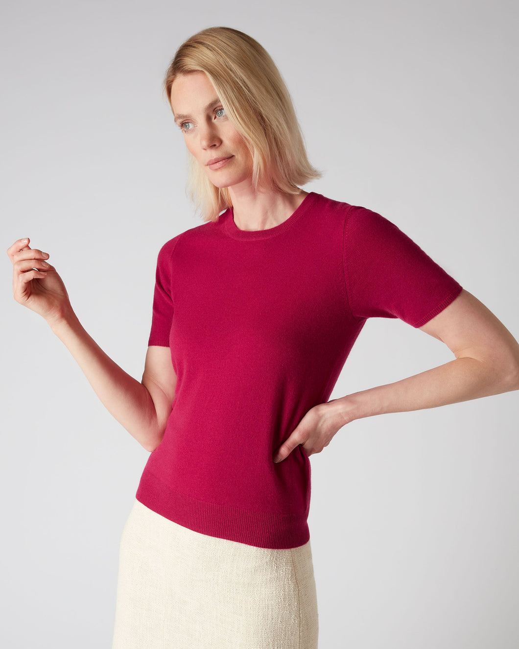 N.Peal Women's Round Neck Cashmere T Shirt Raspberry Pink