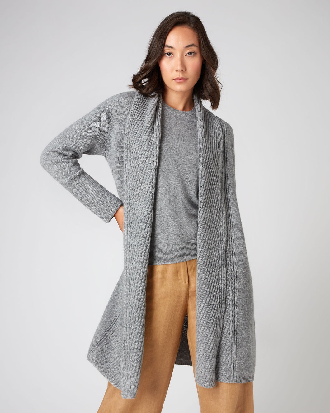 N.Peal Women's Vertical Rib Placket Cashmere Cardigan Flannel Grey