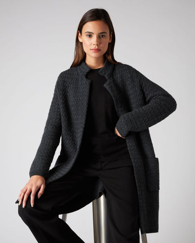 N.Peal Women's Basketweave Open Cashmere Cardigan Dark Charcoal Grey